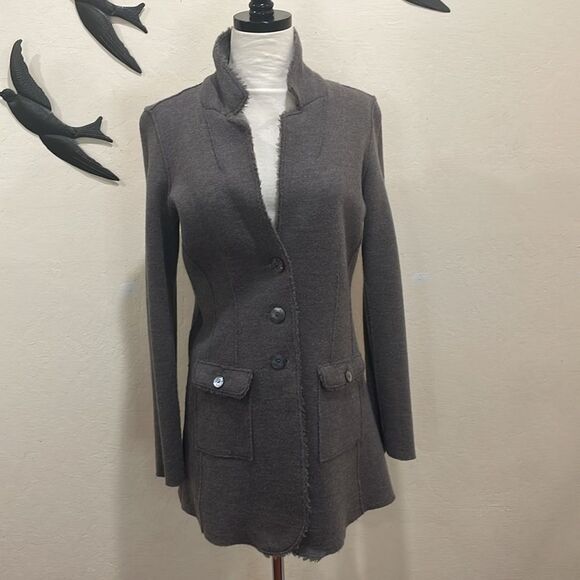 Eileen Fisher Merino Wool High Collar Button Front Sweater Coat With Pockets - S - Picture 1 of 11